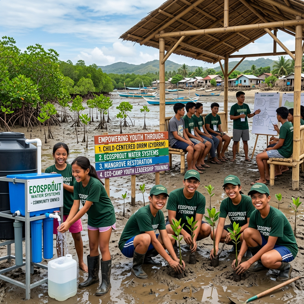 Youth volunteers plant mangroves beside a community water system and coastal village.