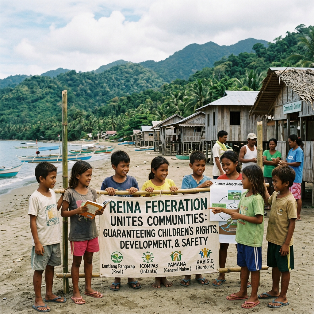 Children holding “REINA FEDERATION UNITES COMMUNITIES: GUARANTEEING CHILDREN’S RIGHTS, DEVELOPMENT, & SAFETY” banner